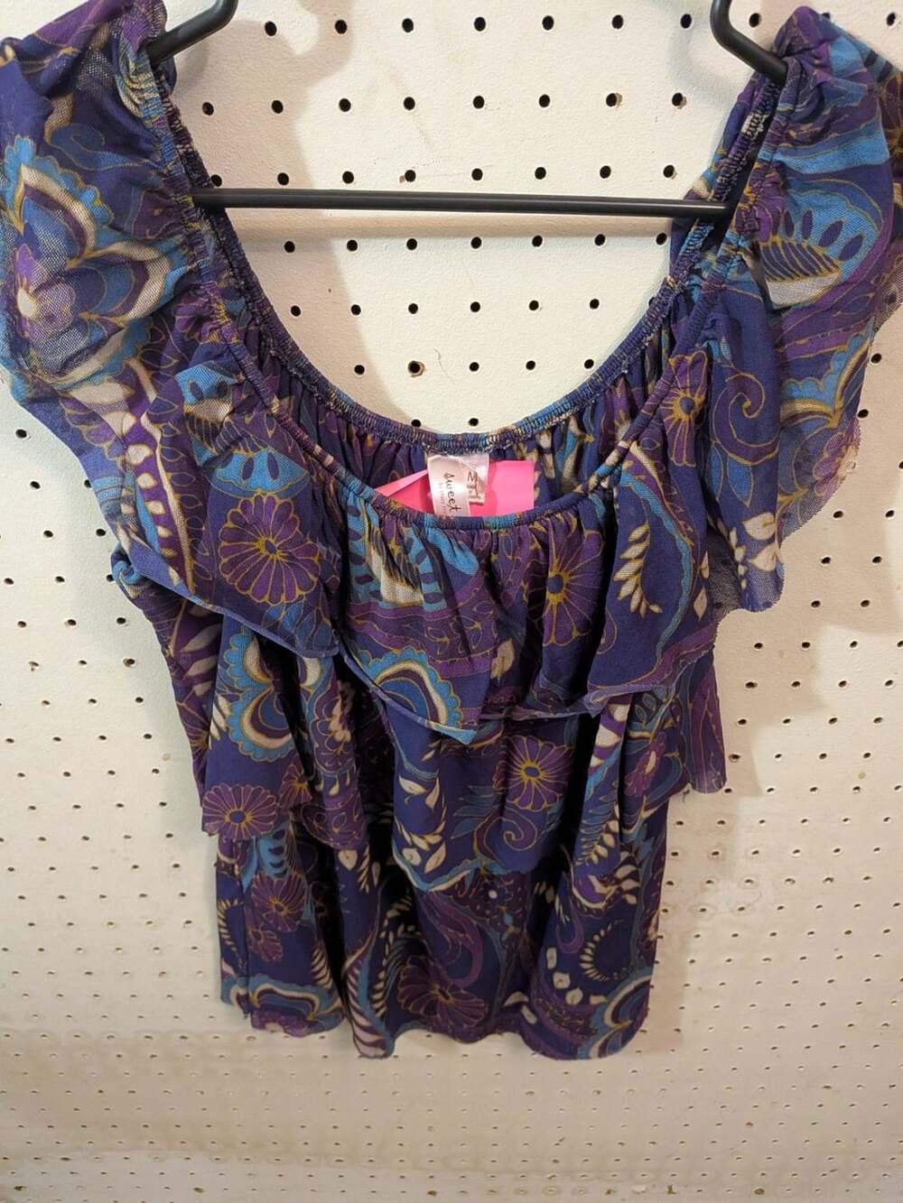 Sweet Pea by Stacy Frati Women's Purple Paisley Floral Tiered Ruffle Top
